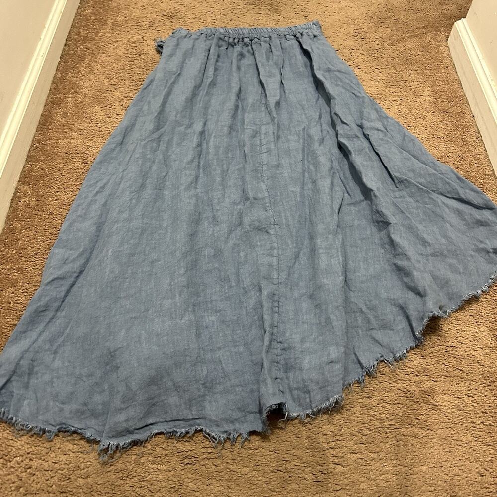 Tempo Paris M Blue 100% Linen Asymmetrical Raw Hem Faux Wrap Skirt Beach - Picture 7 of 7